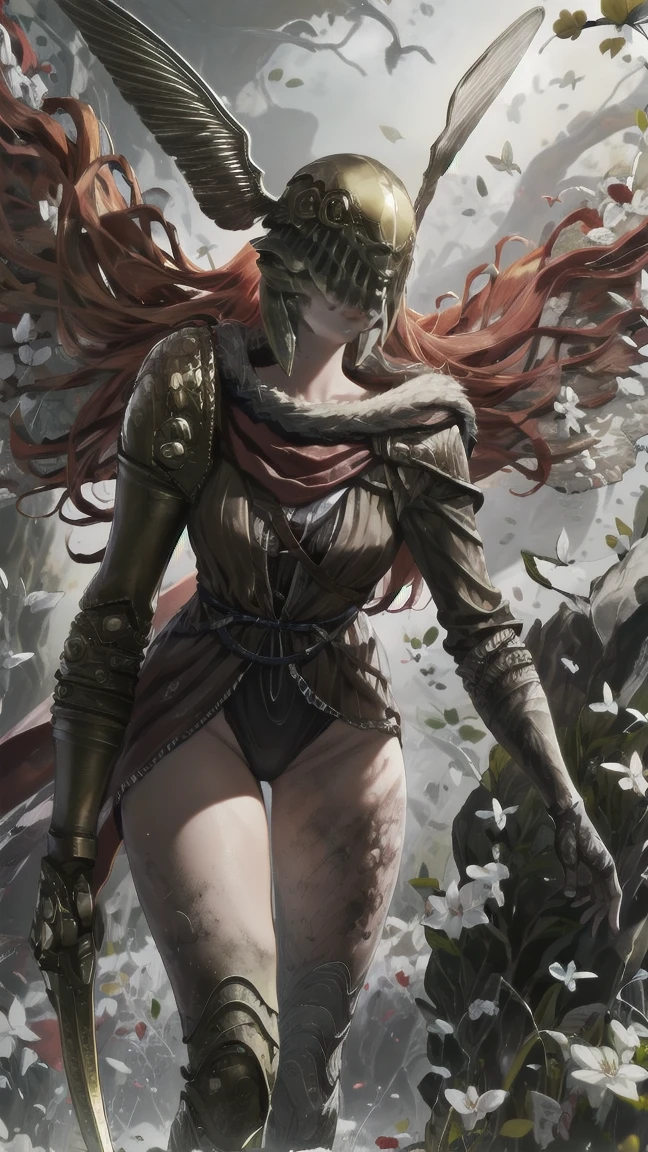 1 girl, ultra sharp image, portrait of a girl, Gothic style, fantasy, beautiful figure, beautiful, full length (full body 1.1.), battlefield, swords stuck into the ground in the background, Red sunset, slender legs, buttocks, slender legs, Wasp waist, sexy, fighting pose, fighting stance, only,helmet,light-skinned Женский, One, long curved sword in hand