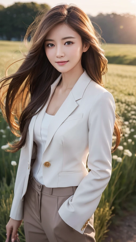 highest quality、genuine、Super detailed、finely、High resolution、8k wallpaper、one beautiful woman、、、light brown disheveled hair、wearing a business suit、sharp focus、perfect dynamic composition、beautiful and detailed eyes、thin hair、Detailed genuine skin texture、smile、model body shape、In a windswept meadow