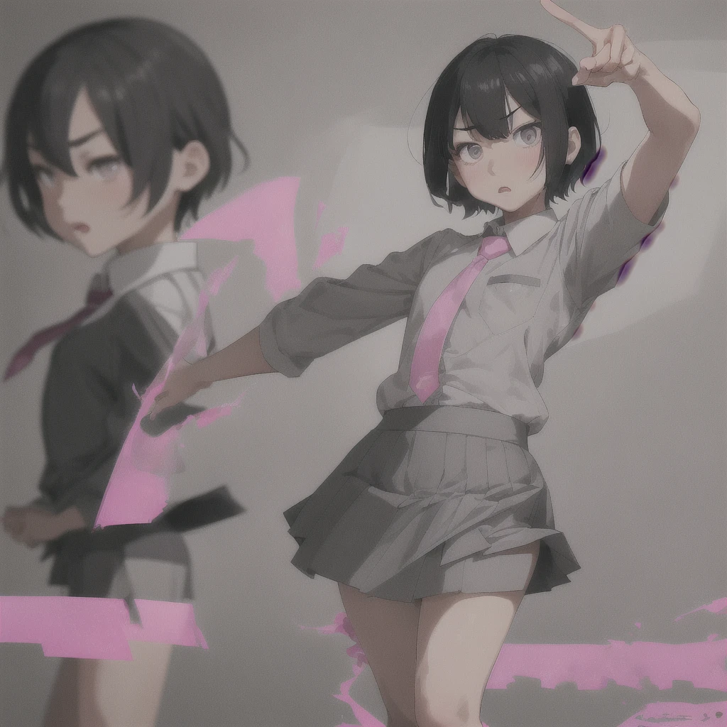 Asian teen, sharp face, small nose, pink small lips, grey asian eyes, grey short bangs, white school shirt, pink short tie, grey short skirt, short white socks, black fancy shoes, serious facial expression, angrily pointing, dynamic view