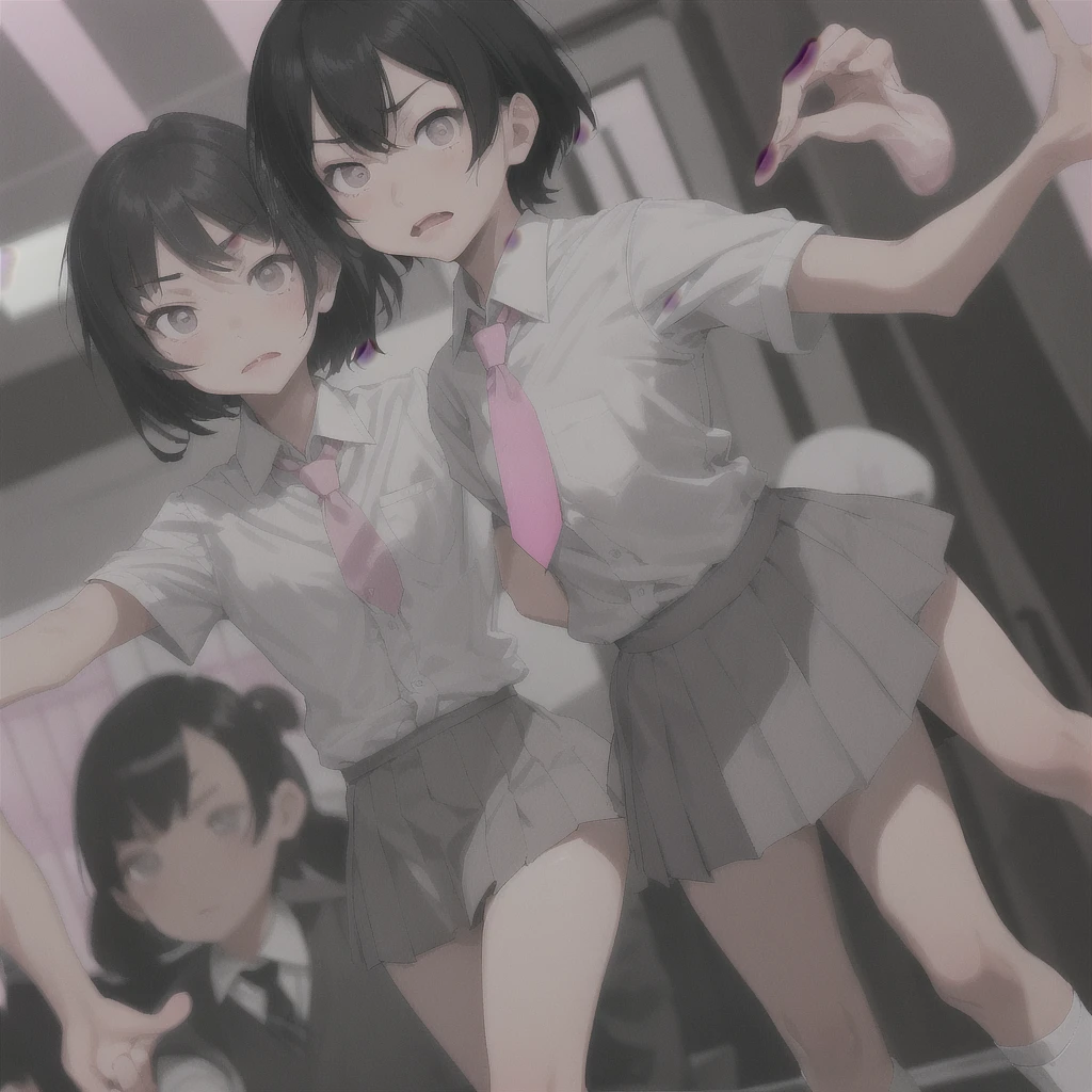 Asian teen, sharp face, small nose, pink small lips, grey asian eyes, grey short bangs, white school shirt, pink short tie, grey short skirt, short white socks, black fancy shoes, serious facial expression, angrily pointing, dynamic view