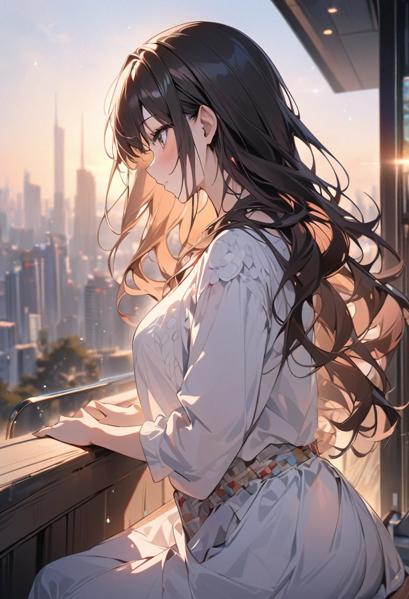 Profile of a cute and beautiful woman with long hair、Summer outfit、Eye-catching beauty、With a blurred cityscape in the background、Photographic high-resolution 8K image quality、Masterpiece、AI’s masterpiece、With the same subject
