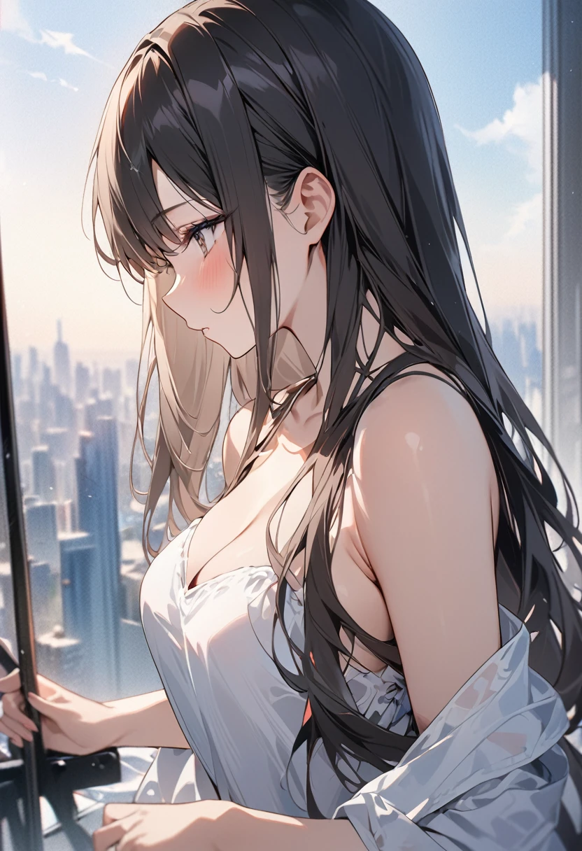 Profile of a cute and beautiful woman with long hair、Summer outfit、Eye-catching beauty、With a blurred cityscape in the background、Photographic high-resolution 8K image quality、Masterpiece、AI’s masterpiece、With the same subject
