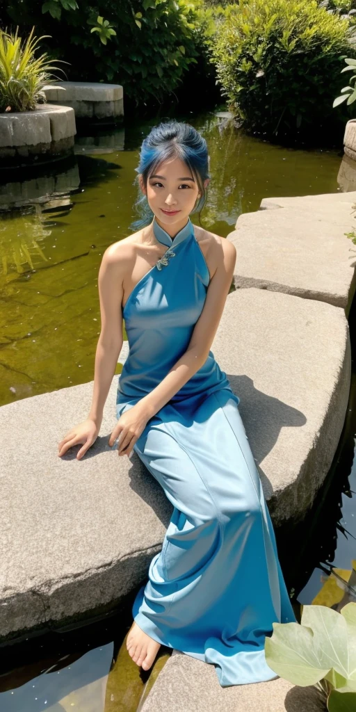 There is a blue dress, 16 long legs, a woman sitting on a rock in the water, standing elegantly on a lotus flower, ethereal beauty, wearing a blue cheongsam, court, a girl in Hanfu, wearing a blue cheongsam, full of fairy Xia, in the pond, white Hanfu, a stunning young ethereal figure, flowing dress, light blue, hair behind ear