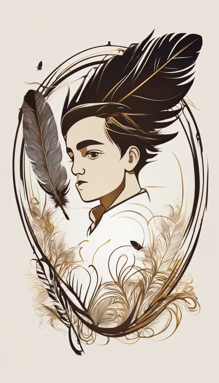 Create a minimal, modern, simple, inspirational, memorable, dream like logo design of a boy and a feather for the brand “Penamemoria".