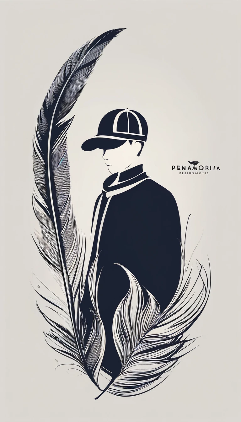 Create a minimal, modern, simple, inspirational, memorable, dream like logo design of a boy and a feather for the brand “Penamemoria".