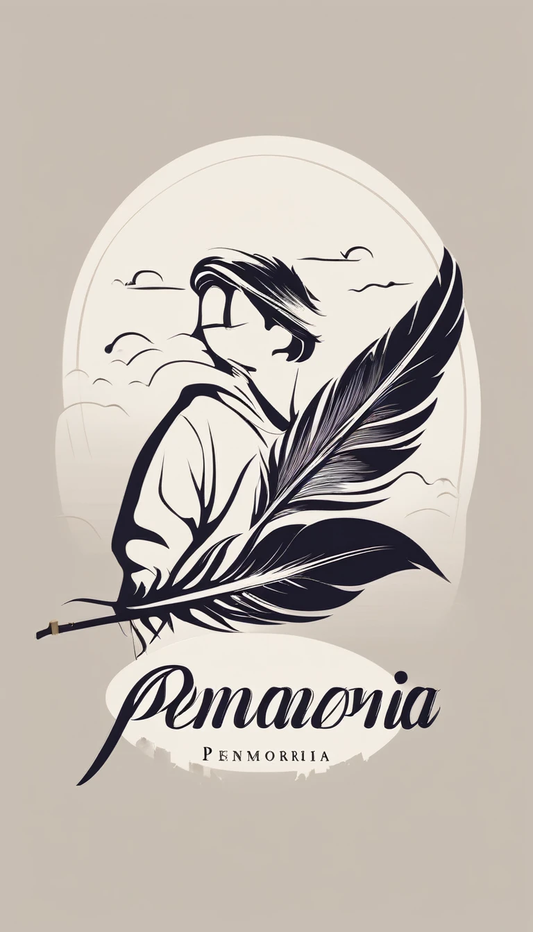 Create a minimal, modern, simple, inspirational, memorable, dream like logo design of a boy and a feather for the brand “Penamemoria".