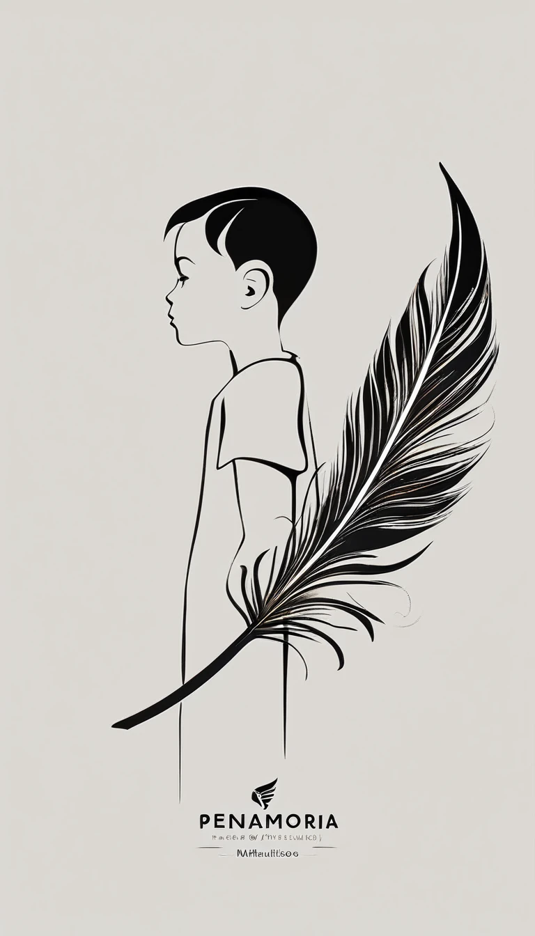 A minimalist, fantastic, poetic, dreamy, captivating, memorable, masterpiece, modern, simple logo design of a boy and a feather for the brand “Penamemoria". The logo must convey a sense of music, stories and dreams. Minimalistic logo design of a boy and a feather.