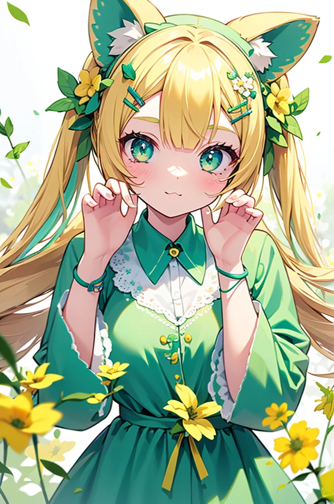 1girl, animal ears, pale blonde hair, ash blonde hair, minty green dress, yellow flowers, mint green flowers, white flowers, blossoms, cute, fun pose, extremely detailed, photorealistic, 8k, high quality, masterpiece, studio lighting, vibrant colors, professional digital art, 1girl, animal ears, pale blonde, ash blonde, minty green, color palette: (yellow, mint, white), flowers, blossoms, cute, extremely detailed, fun pose