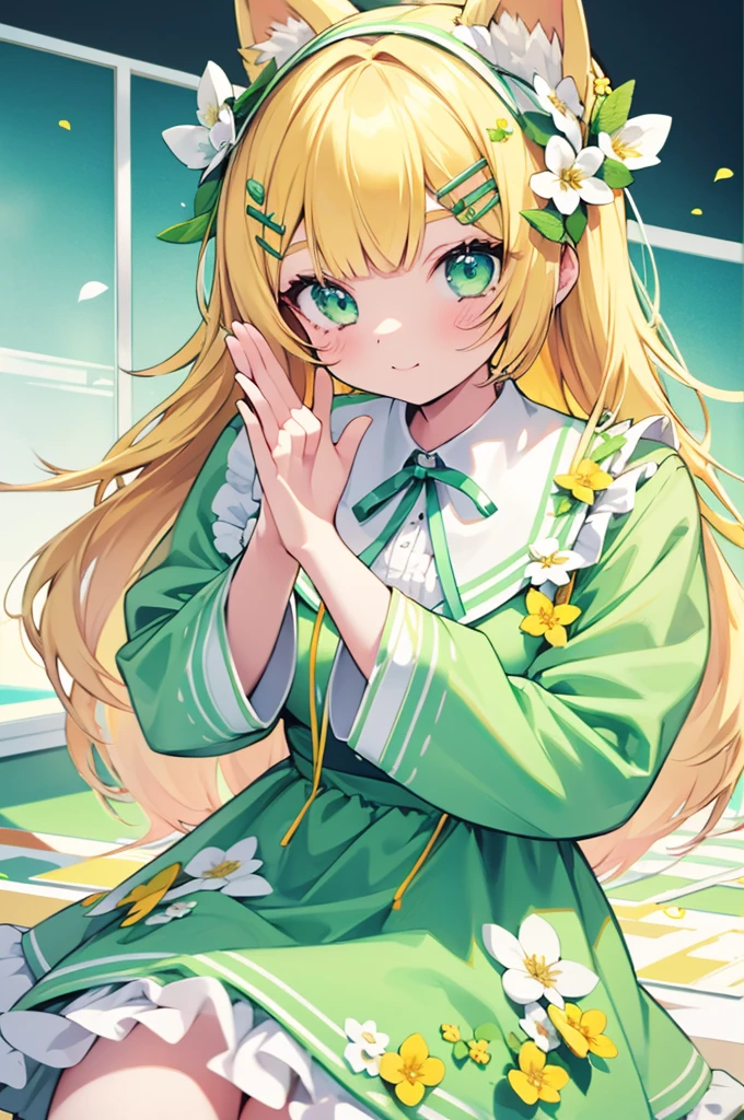 1girl, animal ears, pale blonde hair, ash blonde hair, minty green dress, yellow flowers, mint green flowers, white flowers, blossoms, cute, fun pose, extremely detailed, photorealistic, 8k, high quality, masterpiece, studio lighting, vibrant colors, professional digital art, 1girl, animal ears, pale blonde, ash blonde, minty green, color palette: (yellow, mint, white), flowers, blossoms, cute, extremely detailed, fun pose