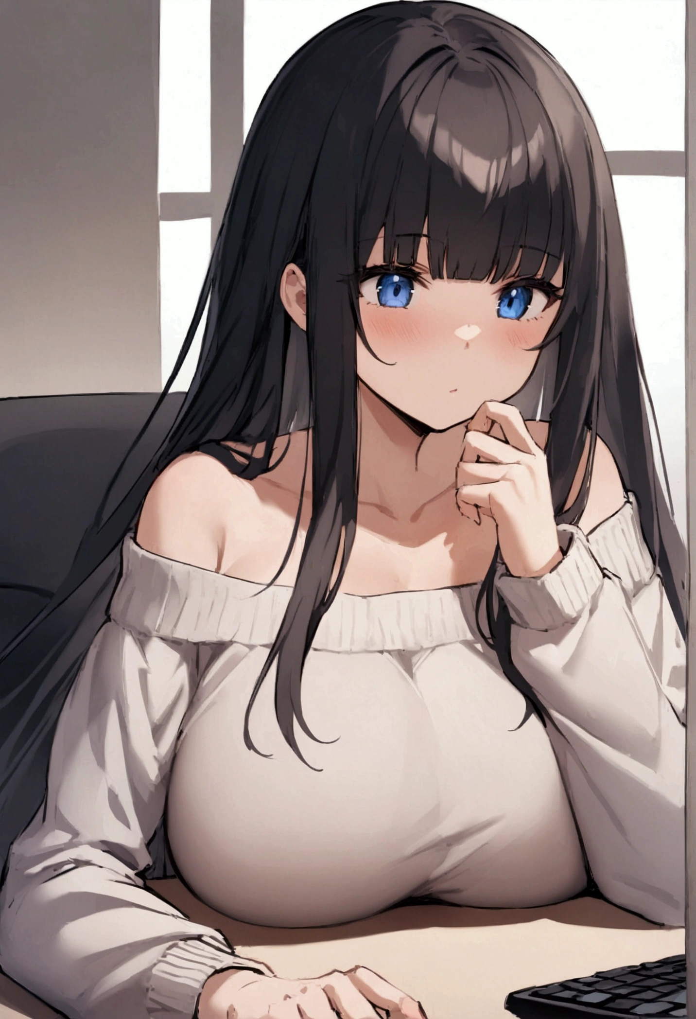 Hime cut with long black hair、Has straight bangs and blue eyes、A girl with very large breasts wears an off-the-shoulder sweater。I'm playing games on my computer。The girl has a relaxed, calm and satisfied look。