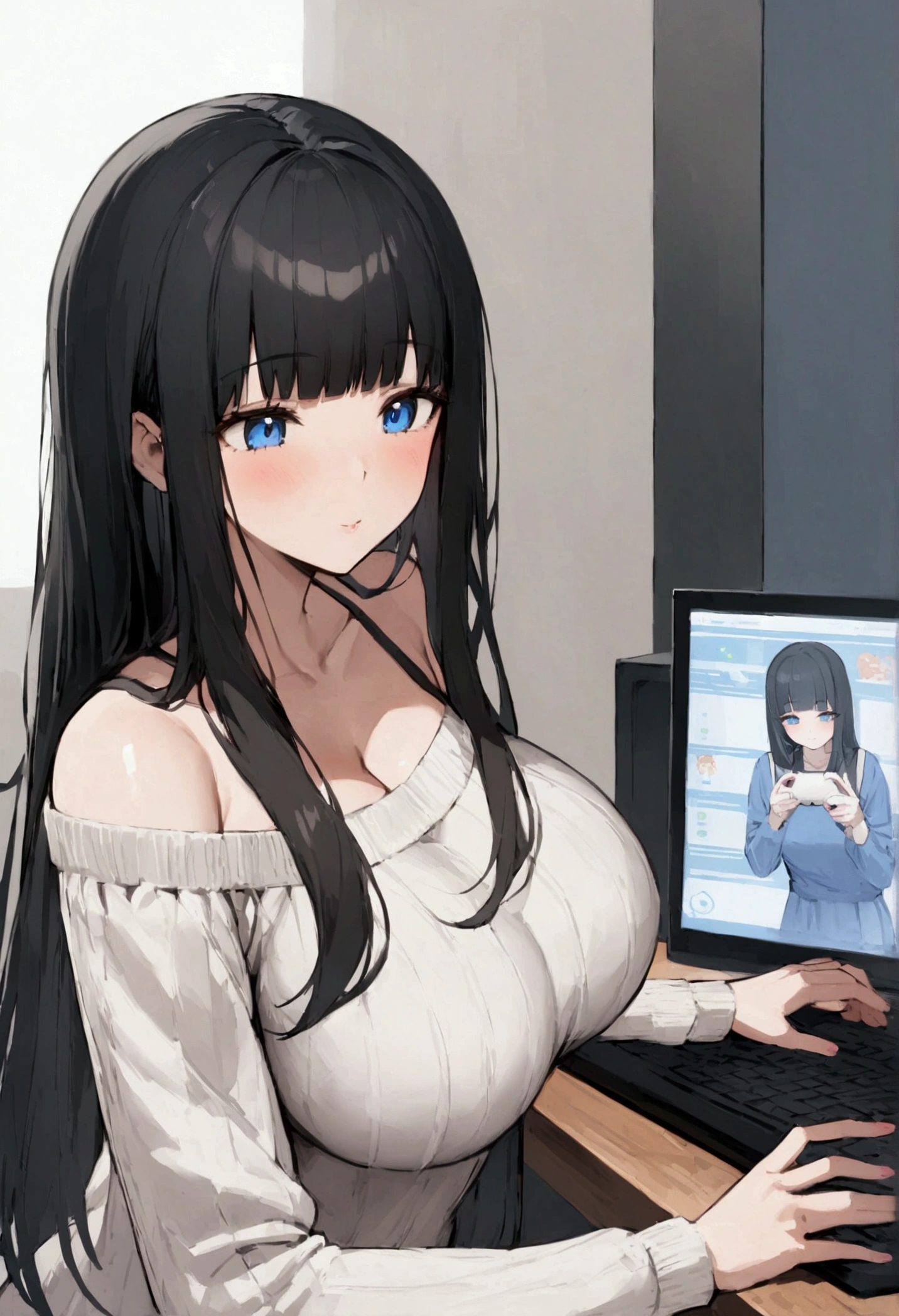 Hime cut with long black hair、Has straight bangs and blue eyes、A girl with very large breasts wears an off-the-shoulder sweater。I&#39;m playing games on my computer。The girl has a relaxed, calm and satisfied look。