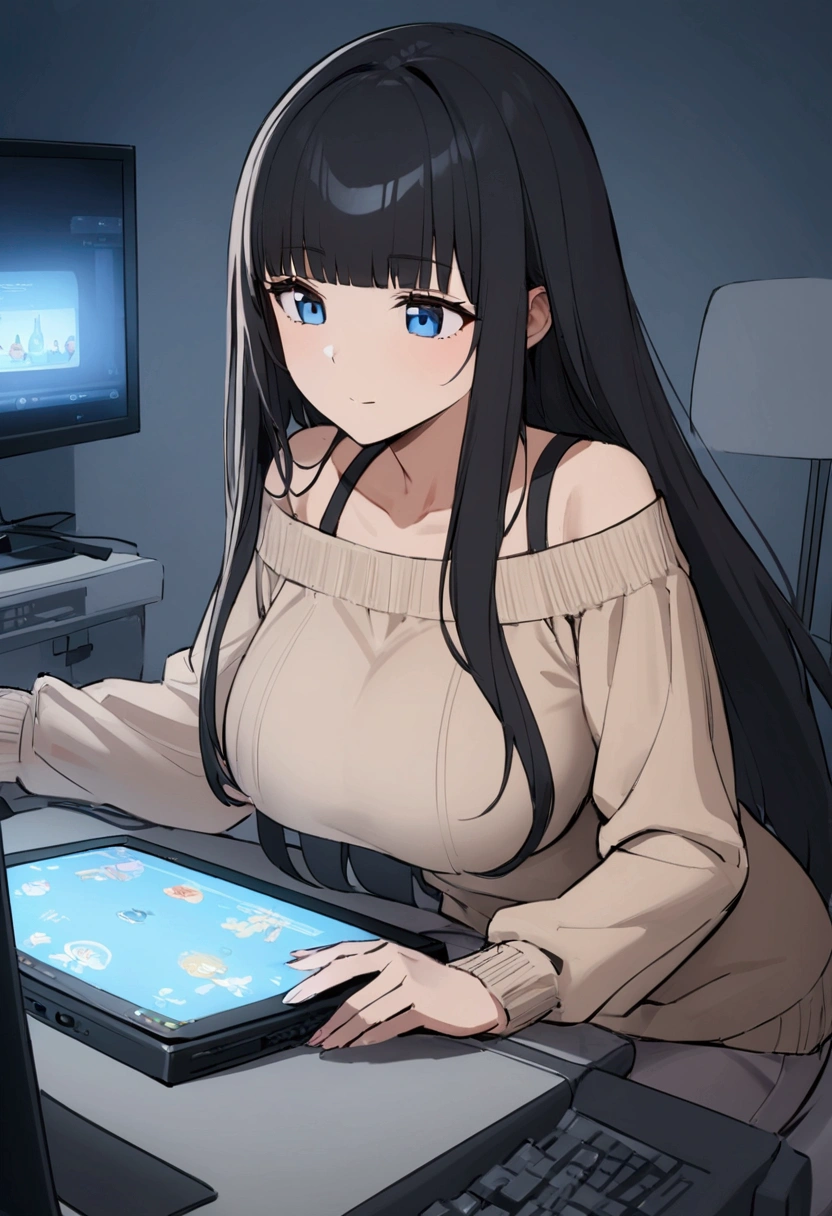 Hime cut with long black hair、Has straight bangs and blue eyes、A girl with very large breasts wears an off-the-shoulder sweater。I&#39;m playing games on my computer。The girl has a relaxed, calm and satisfied look。