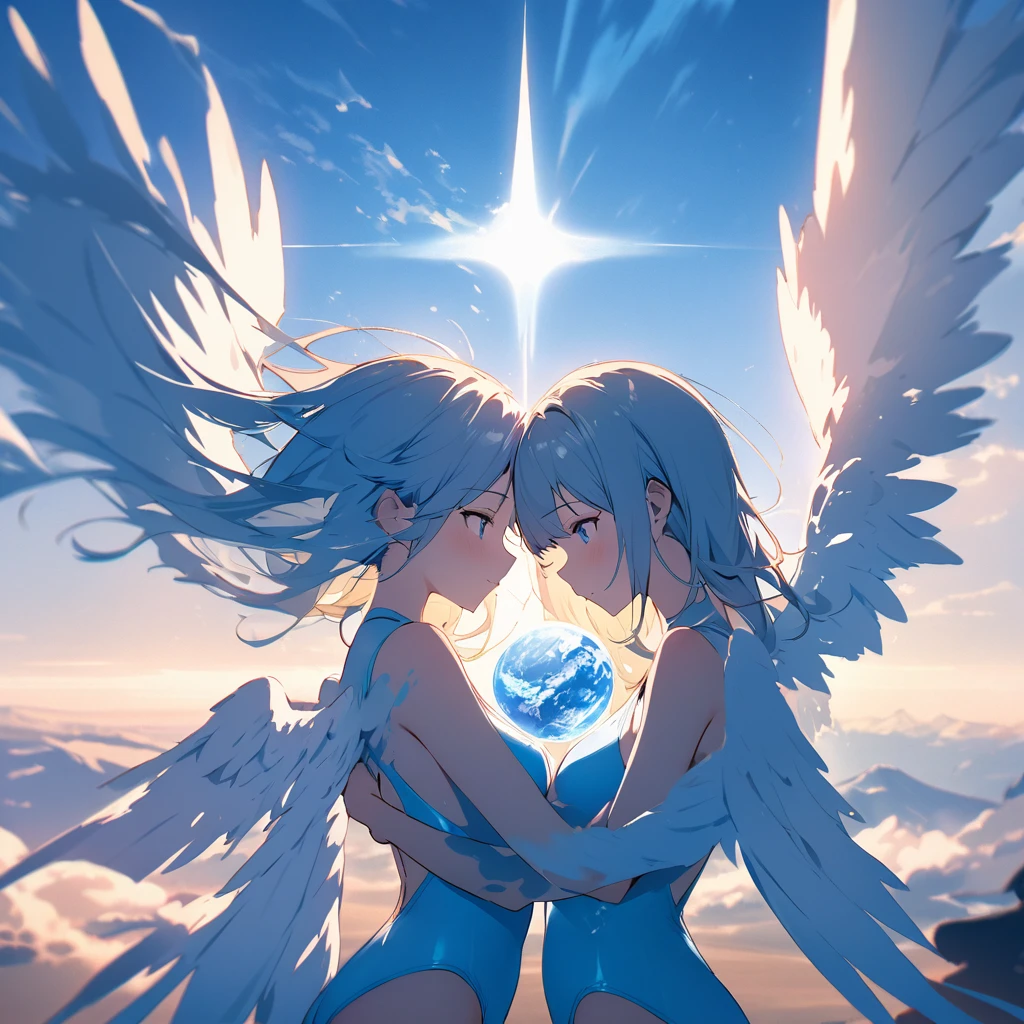 Top quality, masterpiece, a girl gently embracing the beautiful blue earth, landscape orientation, light blue leotard swimsuit with angel wings, double exposure, contrast splashes of light and shadow