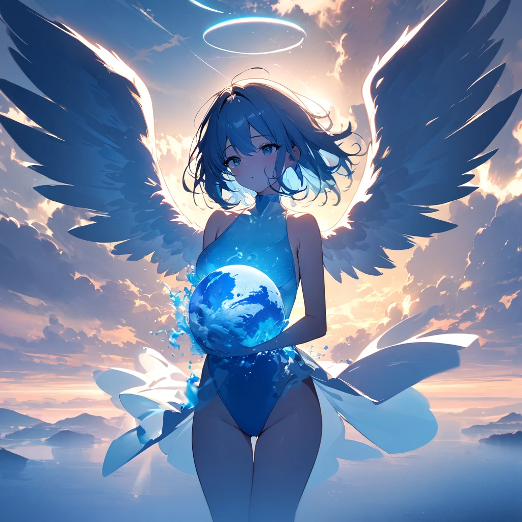 Top quality, masterpiece, a girl gently embracing the beautiful blue earth, landscape orientation, light blue leotard swimsuit with angel wings, double exposure, contrast splashes of light and shadow