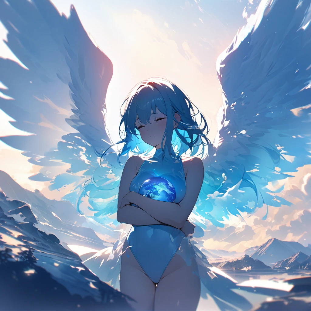 Top quality, masterpiece, a girl gently embracing the beautiful blue earth, landscape orientation, light blue leotard swimsuit with angel wings, double exposure, contrast splashes of light and shadow