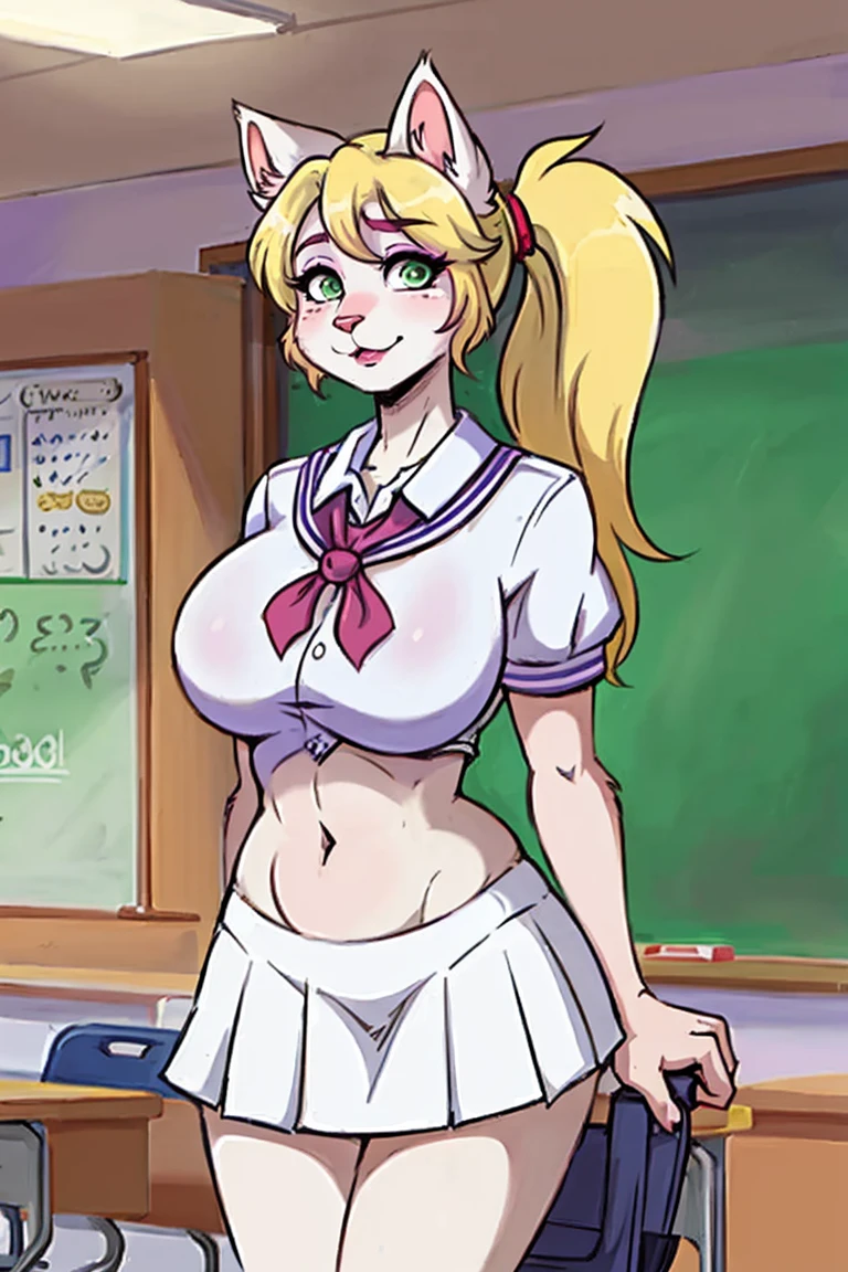 beautiful female cat, big green eyes, yellow hair with a ponytail, ((white fur)), pink cat nose, big breasts, medium hips, purple makeup on her eyes, in the school, (((school uniform)))