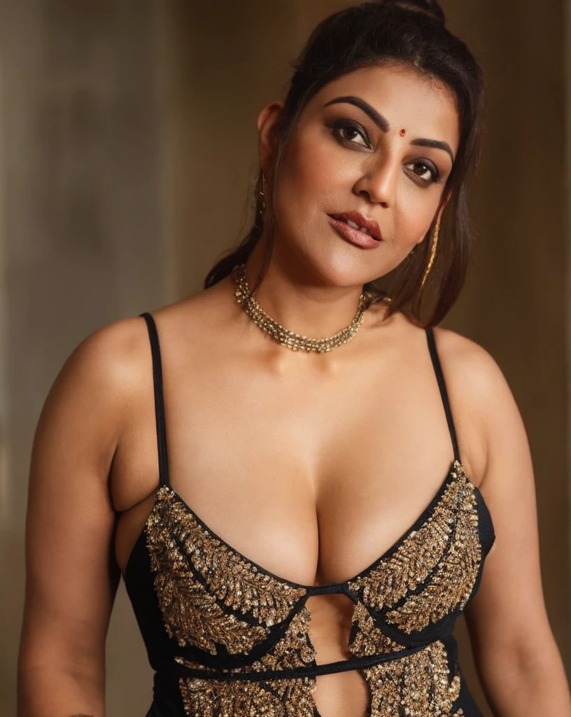 Create an extremely sexy portrait photo of celebrity, woman, kaja, a 40-year-old hot MILF, celebrity actress. This photorealistic upper body portrait should feature Nayanthara as a curvy, busty woman with swooping breasts and deep cleavage. She has extremely sexy dark juicie armpits , Her  figure is emphasized, with her arms open to reveal sexy armpits. She wears a necklace and is situated beside a temple in a forest, stripping off a shiny black mini-wear outfit. Her hair is styled in a ponytail. The image should showcase an insanely detailed, realistic skin texture, capturing every nuance of her allure.