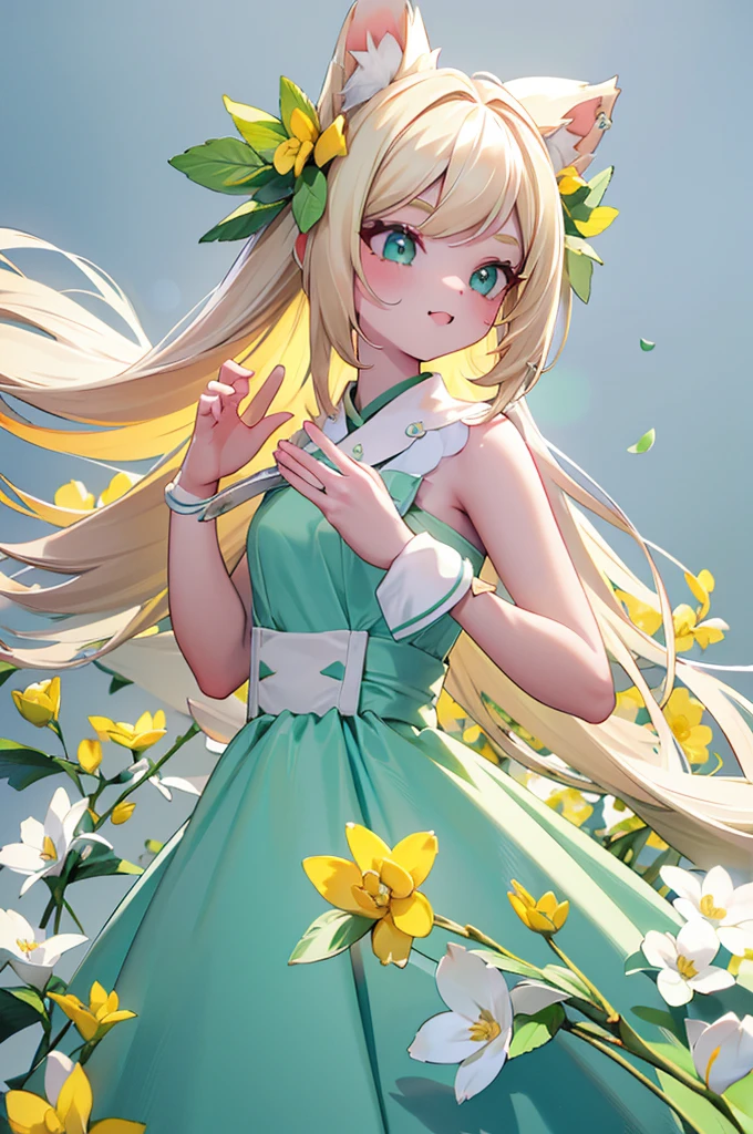 1girl, animal ears, pale blonde hair, ash blonde hair, minty green dress, yellow flowers, mint green flowers, white flowers, blossoms, cute, fun pose, extremely detailed, photorealistic, 8k, high quality, masterpiece, studio lighting, vibrant colors, professional digital art, 1girl, animal ears, pale blonde, ash blonde, minty green, color palette: (yellow, mint, white), flowers, blossoms, cute, extremely detailed, fun pose