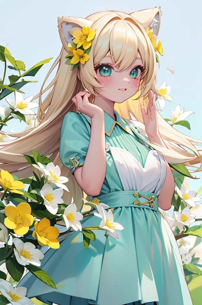 1girl, animal ears, pale blonde hair, ash blonde hair, minty green dress, yellow flowers, mint green flowers, white flowers, blossoms, cute, fun pose, extremely detailed, photorealistic, 8k, high quality, masterpiece, studio lighting, vibrant colors, professional digital art, 1girl, animal ears, pale blonde, ash blonde, minty green, color palette: (yellow, mint, white), flowers, blossoms, cute, extremely detailed, fun pose