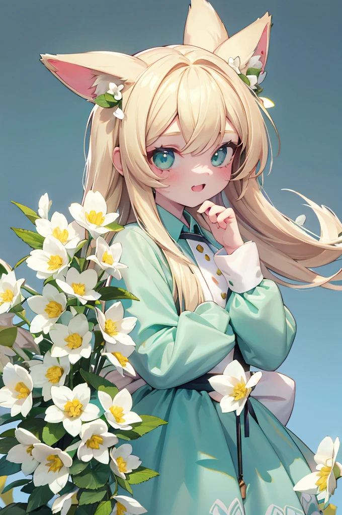 1girl, animal ears, pale blonde hair, ash blonde hair, minty green dress, yellow flowers, mint green flowers, white flowers, blossoms, cute, fun pose, extremely detailed, photorealistic, 8k, high quality, masterpiece, studio lighting, vibrant colors, professional digital art, 1girl, animal ears, pale blonde, ash blonde, minty green, color palette: (yellow, mint, white), flowers, blossoms, cute, extremely detailed, fun pose