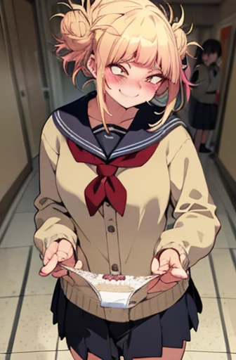 Highest quality,(Beautifully detailed white panties),She looks at me teasingly.,(smile),School corridor,(She gets turned on by the smell of her own panties),(She suggests that I masturbate in her panties:1.2),There were four male students around.、He stares at her in amazement