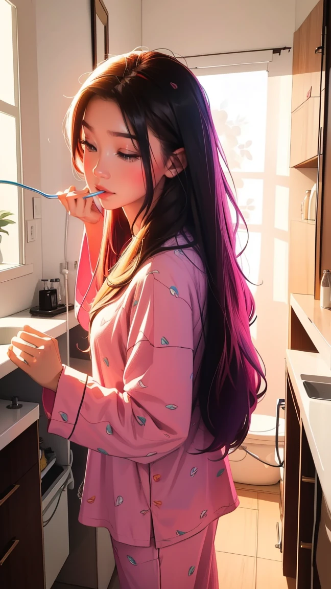 Brushing your teeth in front of the mirror,Looks sleepy,beautiful girl, UHD Portrait, (high quality) (Super detailed) pajamas; different, colorful, Long hair in color 🌈