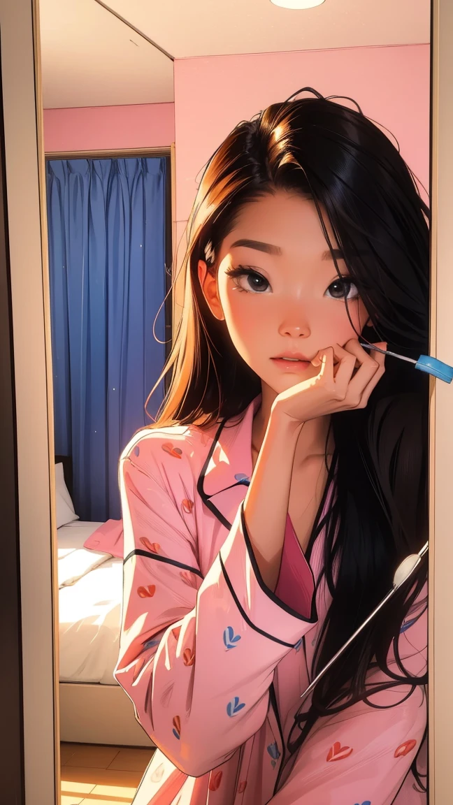 Brushing your teeth in front of the mirror,Looks sleepy,beautiful girl, UHD Portrait, (high quality) (Super detailed) pajamas; different, colorful, Long hair in color 🌈