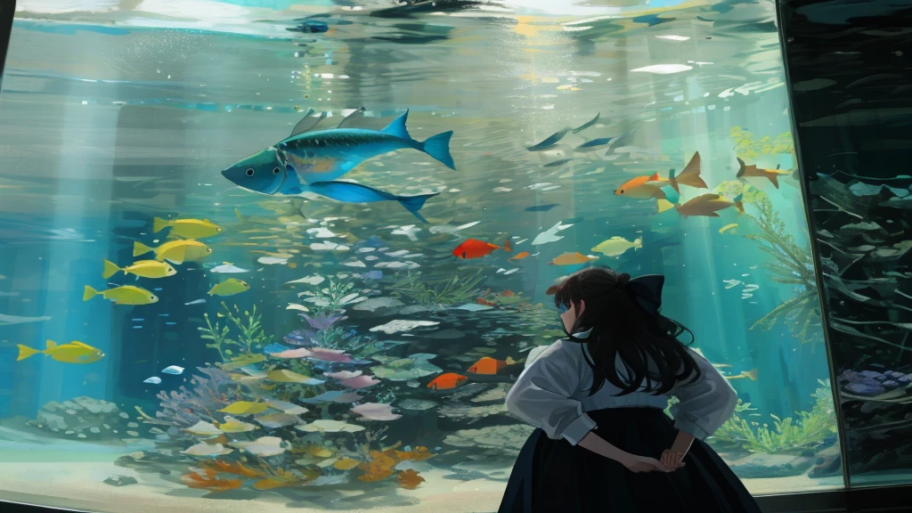 Female standing in front of a large aquarium, Standing in water, Background Fish, 大きなaquarium, Let&#39;s take a look, How fish swim, Huge glass aquarium, aquarium, aquarium, Close to real nature, Look to the side, Arms crossed in front of you