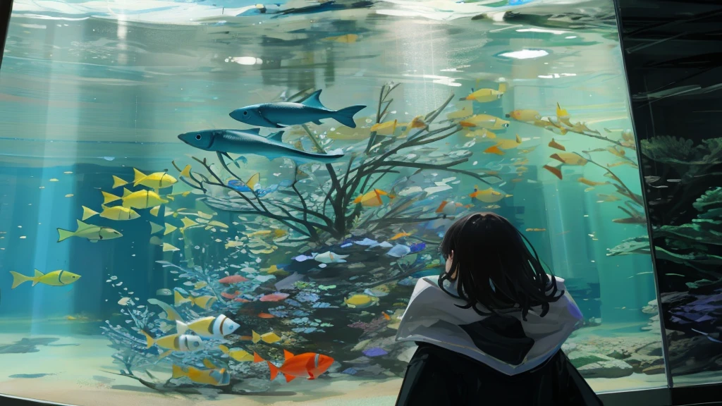 Female standing in front of a large aquarium, Standing in water, Background Fish, 大きなaquarium, Let&#39;s take a look, How fish swim, Huge glass aquarium, aquarium, aquarium, Close to real nature, Look to the side, Arms crossed in front of you
