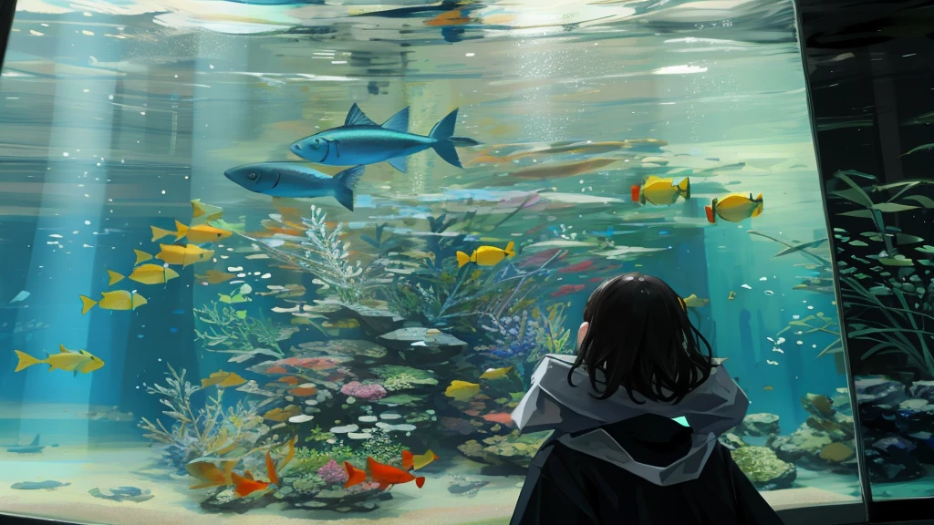 Female standing in front of a large aquarium, Standing in water, Background Fish, 大きなaquarium, Let&#39;s take a look, How fish swim, Huge glass aquarium, aquarium, aquarium, Close to real nature, Look to the side, Arms crossed in front of you
