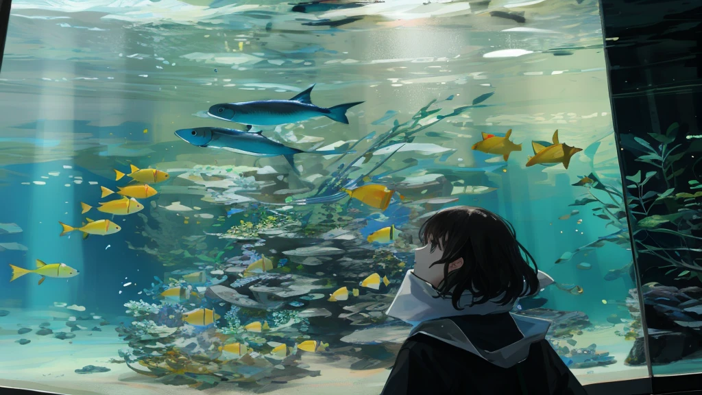 Female standing in front of a large aquarium, Standing in water, Background Fish, 大きなaquarium, Let's take a look, How fish swim, Huge glass aquarium, aquarium, aquarium, Close to real nature, Look to the side, Arms crossed in front of you