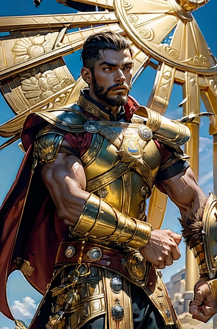 40-year-old Vetren Kiteshield a man Holding a triangular-kite-shield with a painted emblem of a sword with a golden sunburns on the shield a Man with a Short military buzz cut hair. A man with Dark-hair, muscular, with a fierce severe serious expression on his face, a five-o-clock shadow of a beard on his face. He's a soldier in red gold and silver armor with a kite shield with an emblem of a sword with a sunburst behind it on a red background. With a golden lion pauldron on one shoulder
