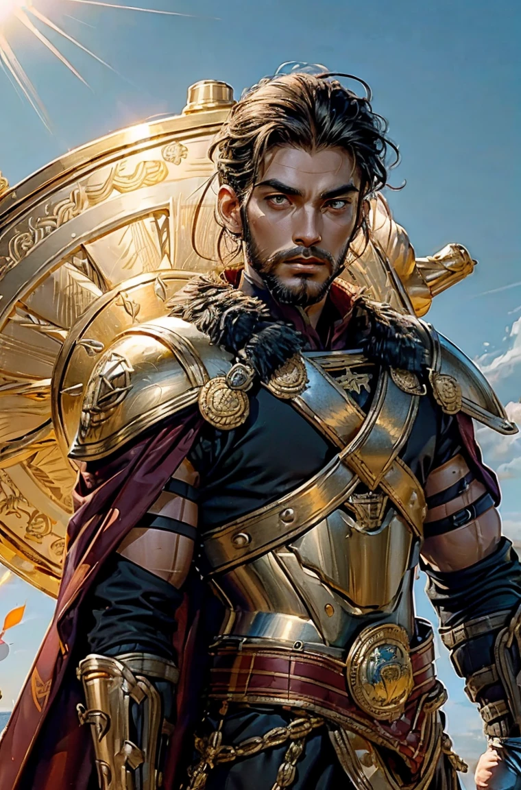 40-year-old Vetren Kiteshield a man Holding a triangular-kite-shield with a painted emblem of a sword with a golden sunburns on the shield a Man with a Short military buzz cut hair. A man with Dark-hair, muscular, with a fierce severe serious expression on his face, a five-o-clock shadow of a beard on his face. He's a soldier in red gold and silver armor with a kite shield with an emblem of a sword with a sunburst behind it on a red background. With a golden lion pauldron on one shoulder