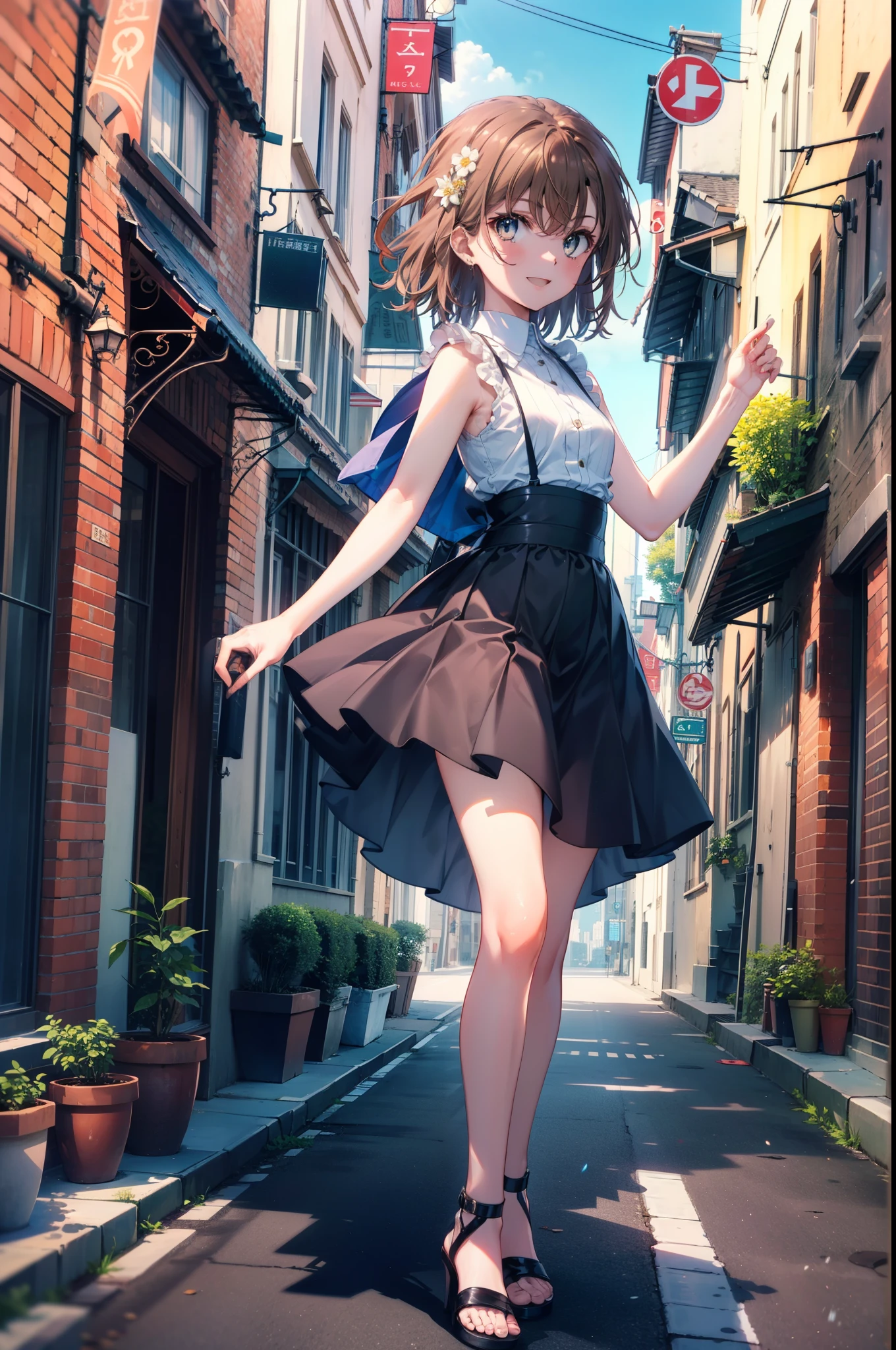 Mycotrose, Brown eyes,Brown Hair,short hair,One side up,Small breasts,Flower Hair Ornaments,happy smile, smile, Open your mouth,Sleeveless dress,Long skirt,Heeled Sandals,Walking,whole bodyがイラストに入るように,　　　　　　　　　　　　　　　　　 　　　break looking at viewer, whole body,　　　 　　　　　　break outdoors, Coastal street with buildings,　　　　　　　　　　　　　　　　　　break (masterpiece:1.2), Highest quality, High resolution, unity 8k wallpaper, (shape:0.8), (Beautiful and beautiful eyes:1.6), Highly detailed face, Perfect lighting, Extremely detailed CG, (Perfect hands, Perfect Anatomy),
