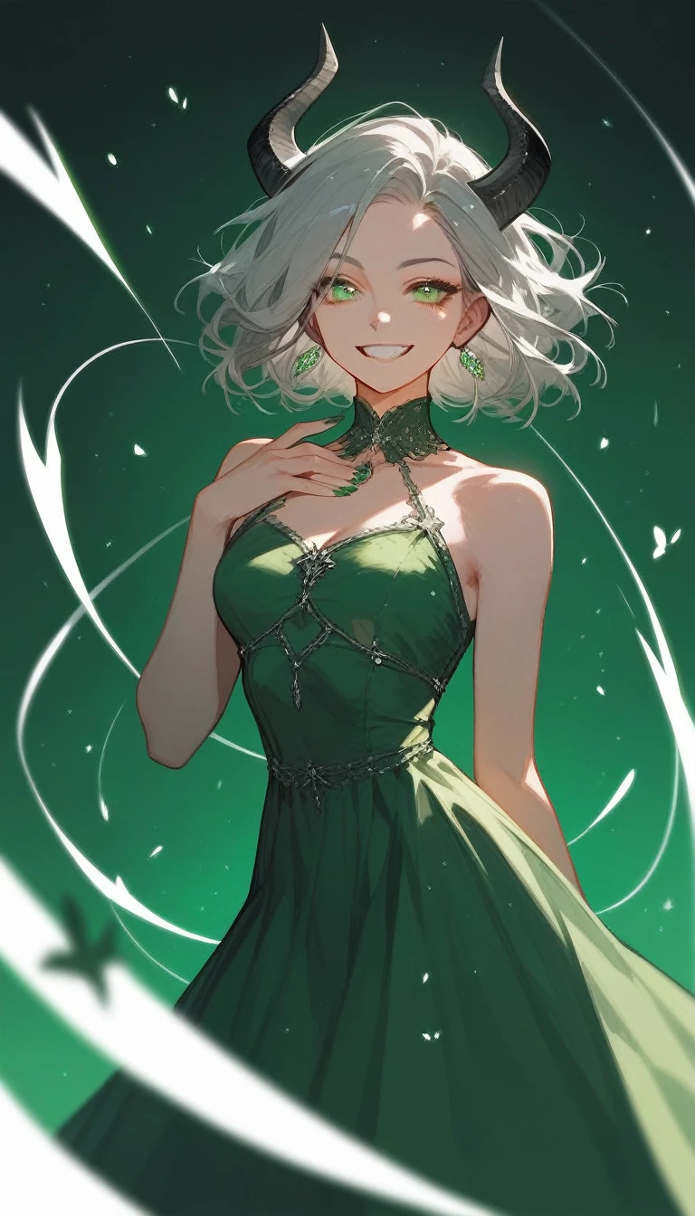(score_9,score_8_superior,score_7_superior),One girl,Girl Devil,Gray Hair,Green Eyes,nail,Green Dress,beautiful_face,smile,tooth
