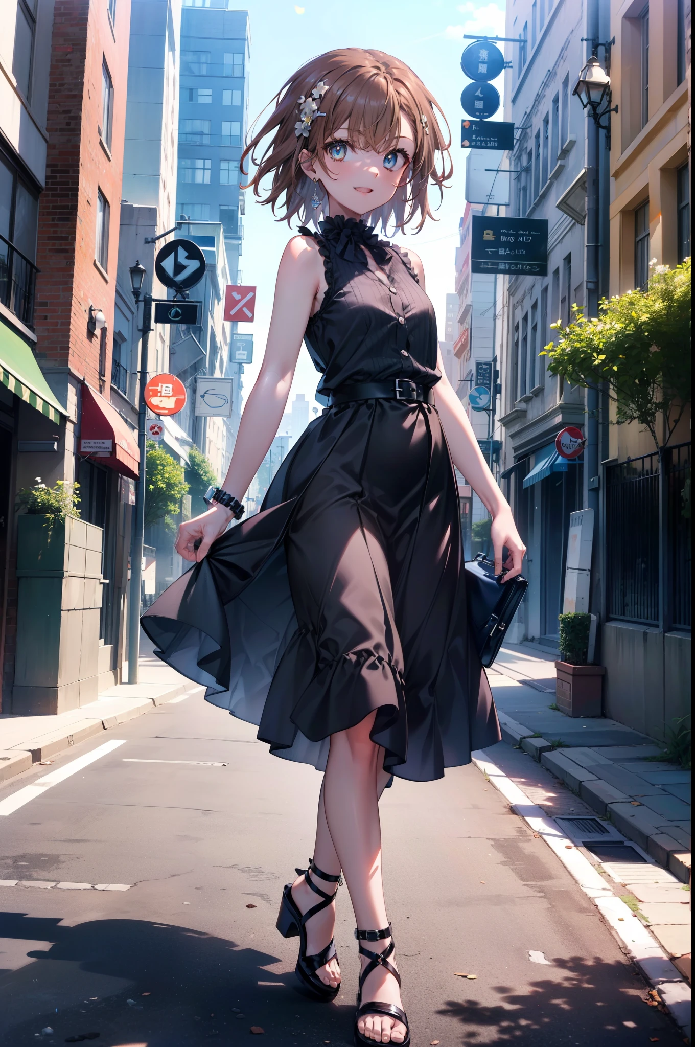 Mycotrose, Brown eyes,Brown Hair,short hair,One side up,Small breasts,Flower Hair Ornaments,happy smile, smile, Open your mouth,Sleeveless dress,Long skirt,Heeled Sandals,Walking,whole bodyがイラストに入るように,　　　　　　　　　　　　　　　　　 　　　break looking at viewer, whole body,　　　 　　　　　　break outdoors, Coastal street with buildings,　　　　　　　　　　　　　　　　　　break (masterpiece:1.2), Highest quality, High resolution, unity 8k wallpaper, (shape:0.8), (Beautiful and beautiful eyes:1.6), Highly detailed face, Perfect lighting, Extremely detailed CG, (Perfect hands, Perfect ???????),