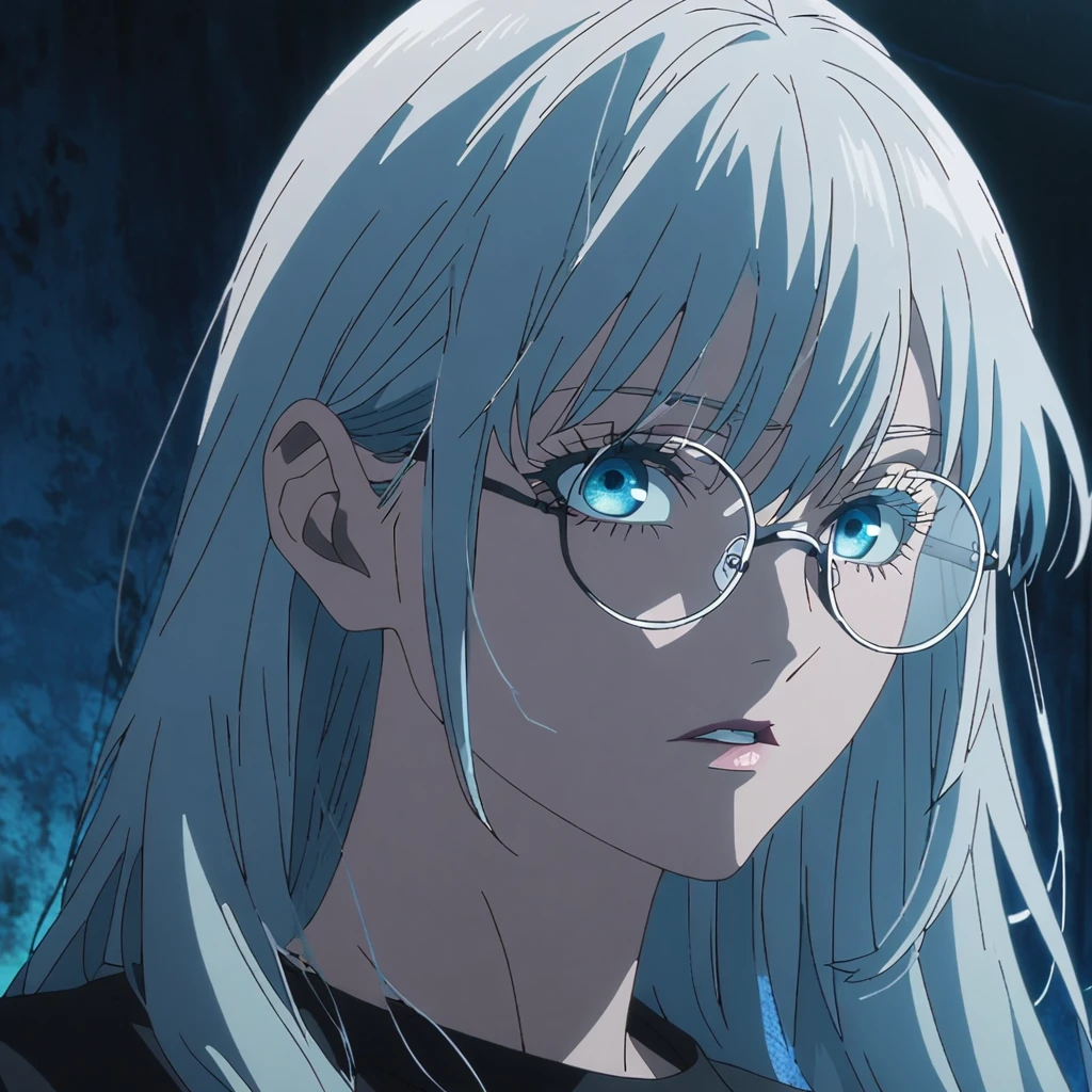 1girl, female gojo satoru, anime screencap from jujutsu kaisen, gojo satoru female version, solo, long_hair, round_eyewear, glasses, blue_eyes, parted_lips, looking_at_viewer, white_hair, bangs, eyelashes, portrait, blue_background, black_shirt, shirt, hair_between_eyes, upper_body