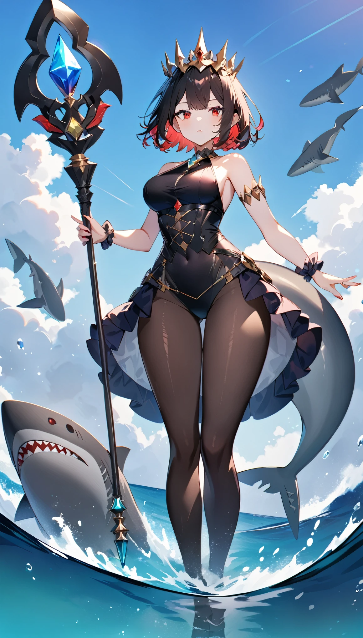 A queen standing on water，blue sea, blue sky，short hair，Red eyes，Full figure，Black pantyhose，Swimsuit with colorful gemstones，A black shark tail，Holding a scepter