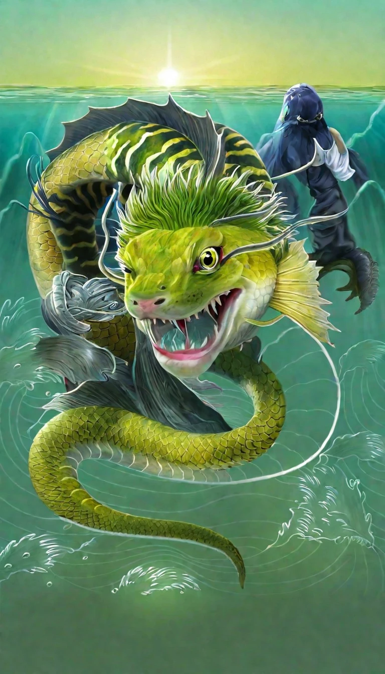 There is a creature in the water,The body of a fish,Snake's Tail(best quality,4K,8k,High level,masterpiece:1.2),Ultra Detailed,(lifelike,Photo real,Photo real:1.37),Highly detailed animals,Complex patterns,Realistic lighting,Fantasy Creatures