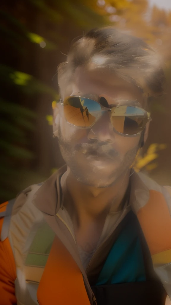 there is a man wearing sunglasses and a backpack posing for a picture, with accurate face, with sunglass, jayison devadas style, jayison devadas, wearing orange sunglasses, portait photo profile picture, profile picture, with lovely look, profile pic, with sunglasses, harsh good looking face, ayan nag, very very low quality picture background foggy forest