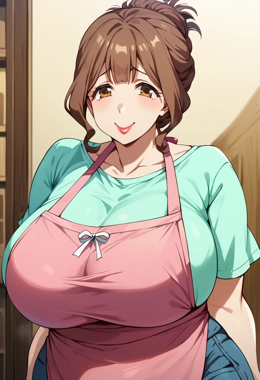 kazami torino,huge breasts,wide hip,thick thighs,plump,mature female,brown hair,updo,lipstick,tareme,light green shirt,pink apron,brue jeans