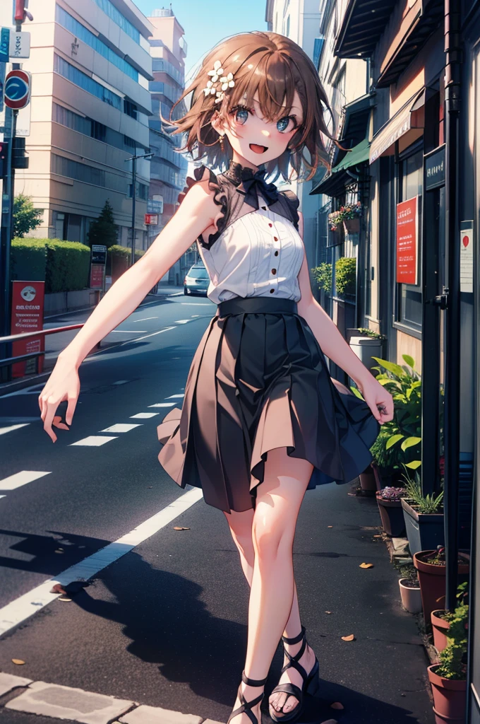 Mycotrose, Brown eyes,Brown Hair,short hair,One side up,Small breasts,Flower Hair Ornaments,happy smile, smile, Open your mouth,Sleeveless dress,Long skirt,Heeled Sandals,Walking,whole bodyがイラストに入るように, break looking at viewer, whole body, break outdoors, Coastal street with buildings, break (masterpiece:1.2), Highest quality, High resolution, unity 8k wallpaper, (shape:0.8), (Beautiful and beautiful eyes:1.6), Highly detailed face, Perfect lighting, Extremely detailed CG, (Perfect hands, Perfect Anatomy),