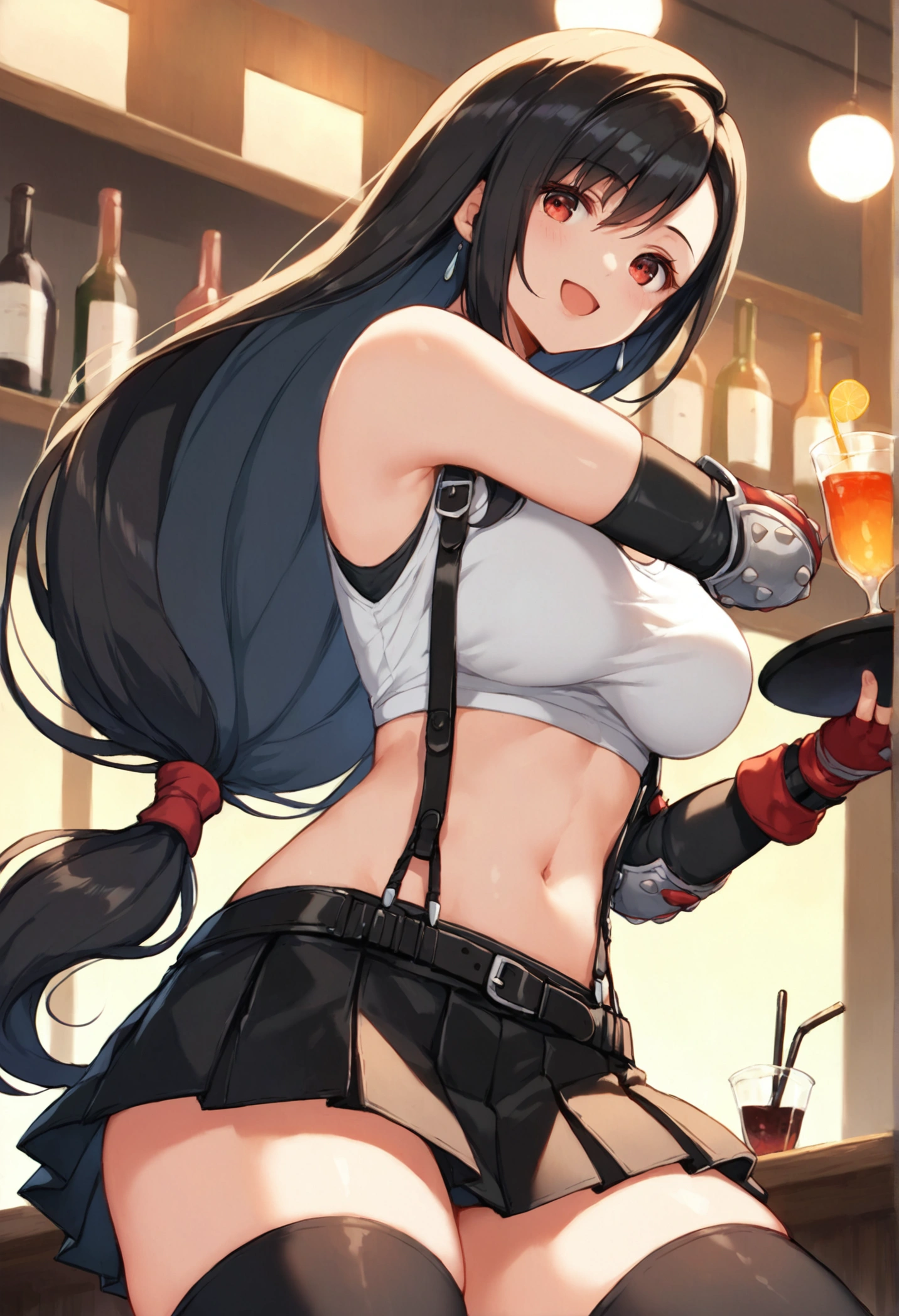 (score_9, score_8_up, score_7_up),  (best quality, masterpiece),perfect anatomy,(aesthetic,very aesthetic),official style,(intricate.hyper-detailed),overall detail, (ultra-high resolution), 1girl, tifa lockhart, final fantasy,(beautiful woman).tareme, black hair, low-tied long hair, red eyes, bangs, white tank top,gap, belt, pleated skirt, thighhighs, elbow fingerless gloves, elbow pads, midriff, navel,suspender skirt.zettai ryouiki ,from below,(large_breasts:1.2),Solo,mediumshot,looking_at_viewer,contrapposto, vibrant, joyful,cafe and bar, ,Framin,