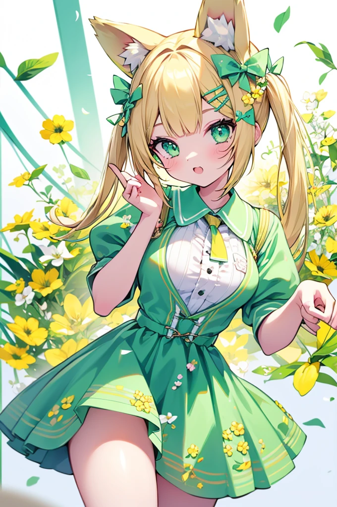 1girl, animal ears, pale blonde hair, ash blonde hair, minty green dress, yellow flowers, mint green flowers, white flowers, blossoms, cute, fun pose, extremely detailed, photorealistic, 8k, high quality, masterpiece, studio lighting, vibrant colors, professional digital art, 1girl, animal ears, pale blonde, ash blonde, minty green, color palette: (yellow, mint, white), flowers, blossoms, cute, extremely detailed, fun pose