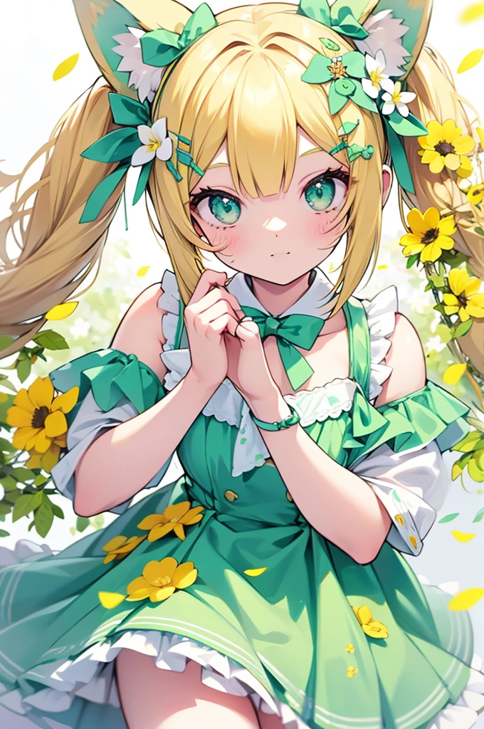 1girl, animal ears, pale blonde hair, ash blonde hair, minty green dress, yellow flowers, mint green flowers, white flowers, blossoms, cute, fun pose, extremely detailed, photorealistic, 8k, high quality, masterpiece, studio lighting, vibrant colors, professional digital art, 1girl, animal ears, pale blonde, ash blonde, minty green, color palette: (yellow, mint, white), flowers, blossoms, cute, extremely detailed, fun pose