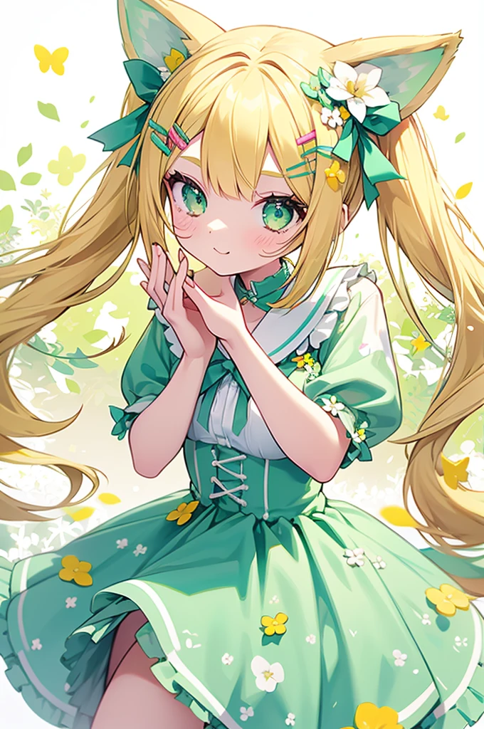 1girl, animal ears, pale blonde hair, ash blonde hair, minty green dress, yellow flowers, mint green flowers, white flowers, blossoms, cute, fun pose, extremely detailed, photorealistic, 8k, high quality, masterpiece, studio lighting, vibrant colors, professional digital art, 1girl, animal ears, pale blonde, ash blonde, minty green, color palette: (yellow, mint, white), flowers, blossoms, cute, extremely detailed, fun pose