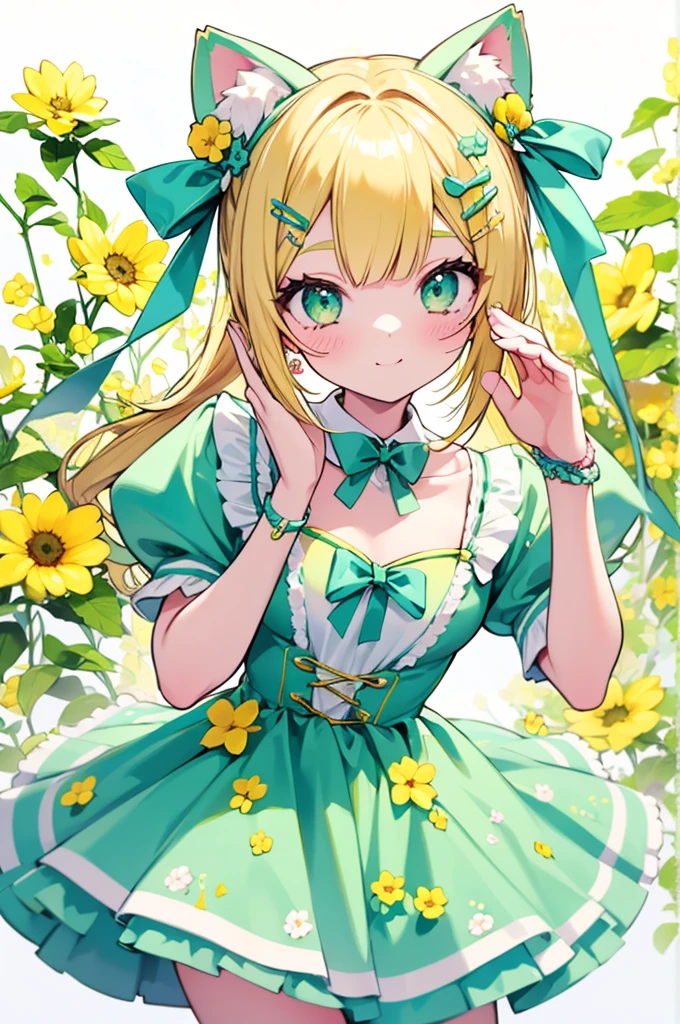 1girl, animal ears, pale blonde hair, ash blonde hair, minty green dress, yellow flowers, mint green flowers, white flowers, blossoms, cute, fun pose, extremely detailed, photorealistic, 8k, high quality, masterpiece, studio lighting, vibrant colors, professional digital art, 1girl, animal ears, pale blonde, ash blonde, minty green, color palette: (yellow, mint, white), flowers, blossoms, cute, extremely detailed, fun pose