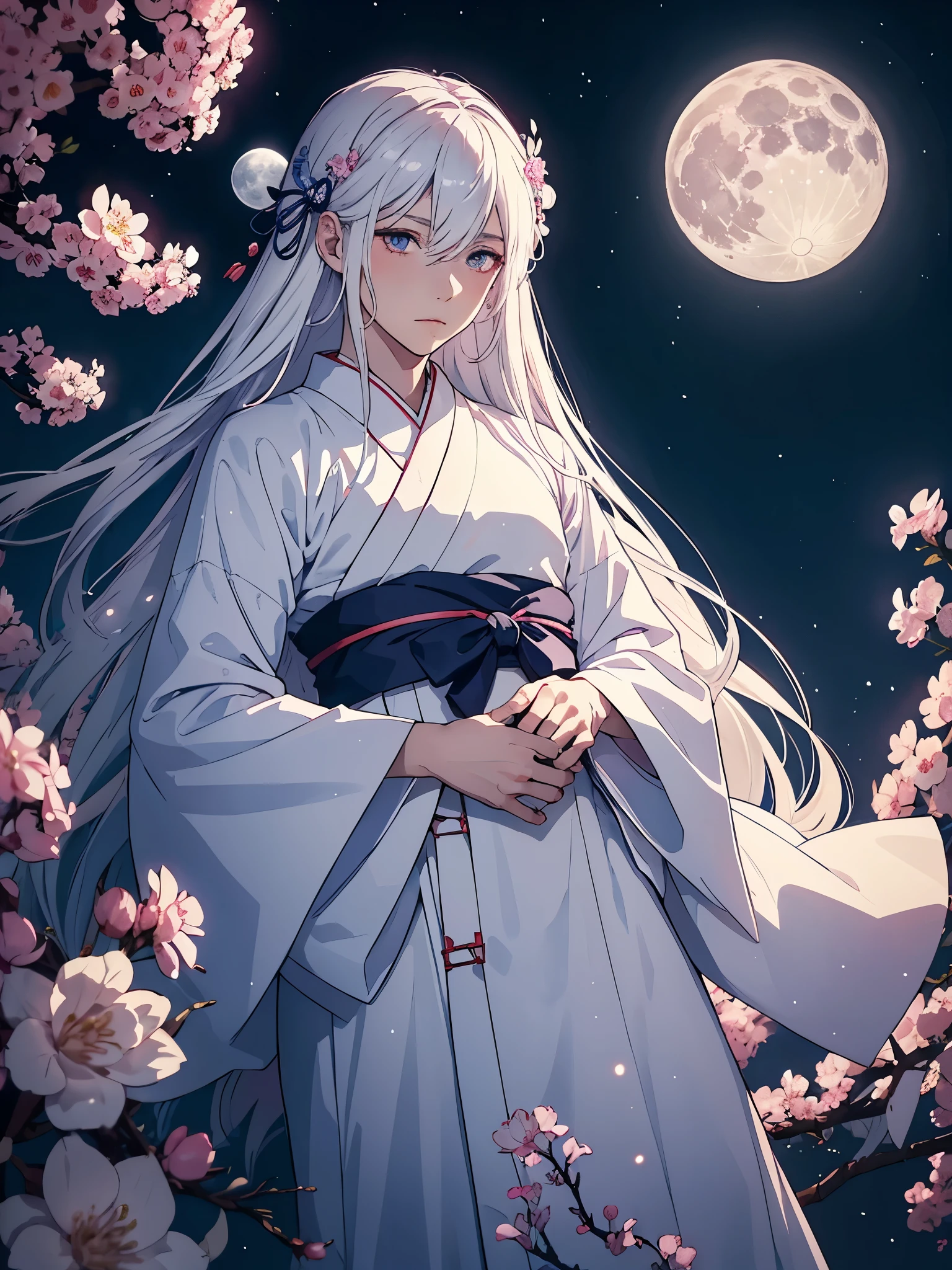 Männlich. Blaues Licht. Mann. Männlich. Boy. Tsukiyomi. japanese clothes. God of the Moon. long white hair. traditional clothing. divine. full moon. Pink flowers. at night.
