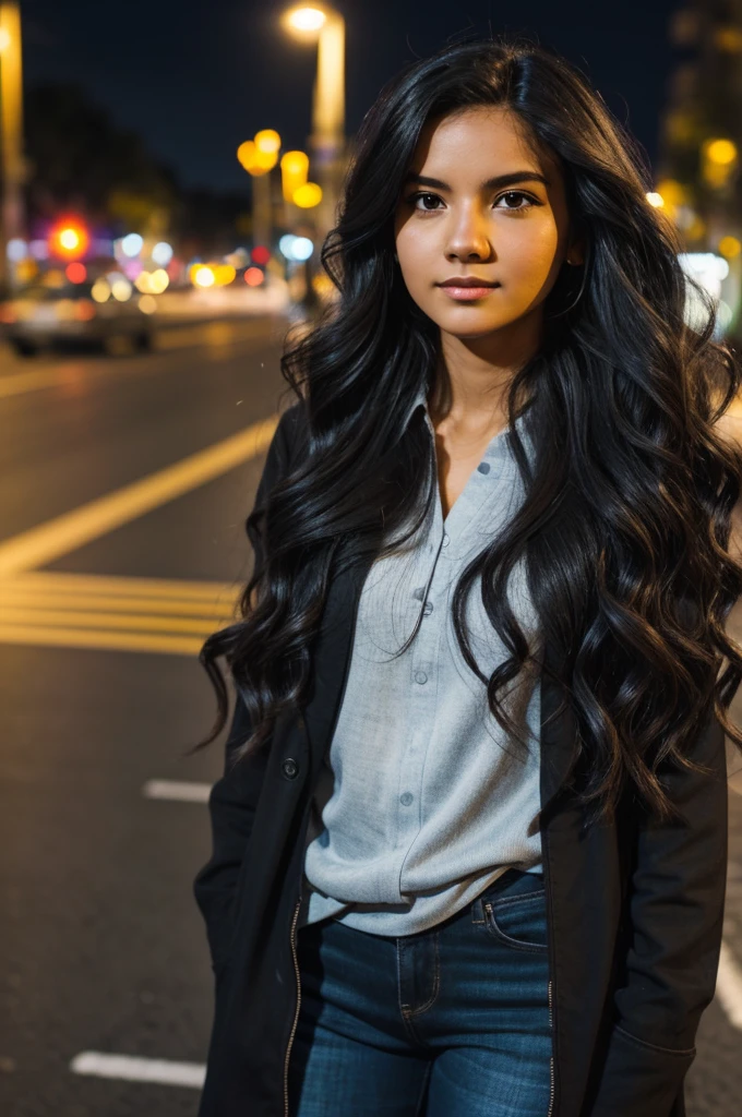 Closeup of a woman, city street, evening, street light, asphalt jet black wavy hair