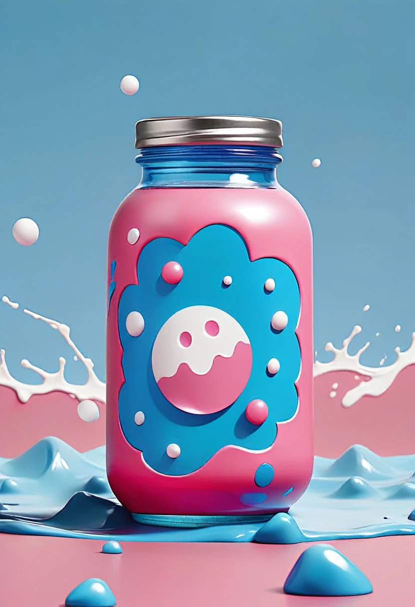 low quality、Pop Art、Ramune jar、blue、diagonal、Floating、big、Splash、From below、summer、Pink background、
